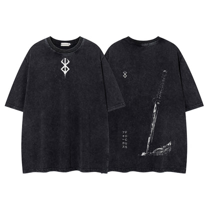 Washed Damage Sword Symbol Print Short Sleeve T-Shirt WN26916