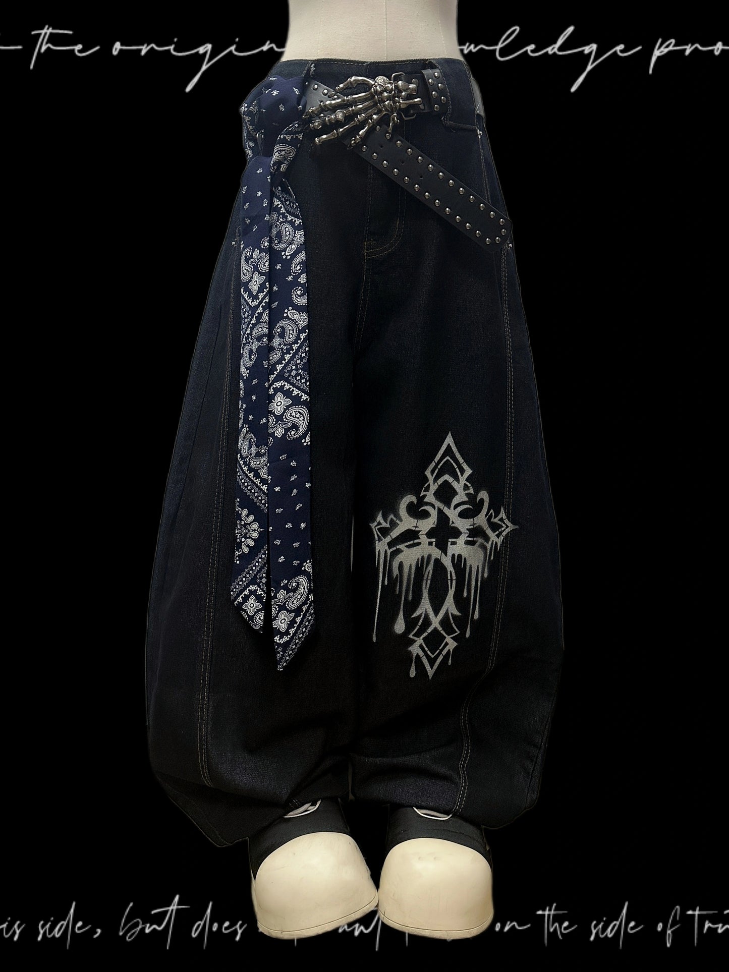 Ink Drop Thorn Scimitar Cross Wide Leg Denim Jeans & Skull Belt & Scarf WN20120
