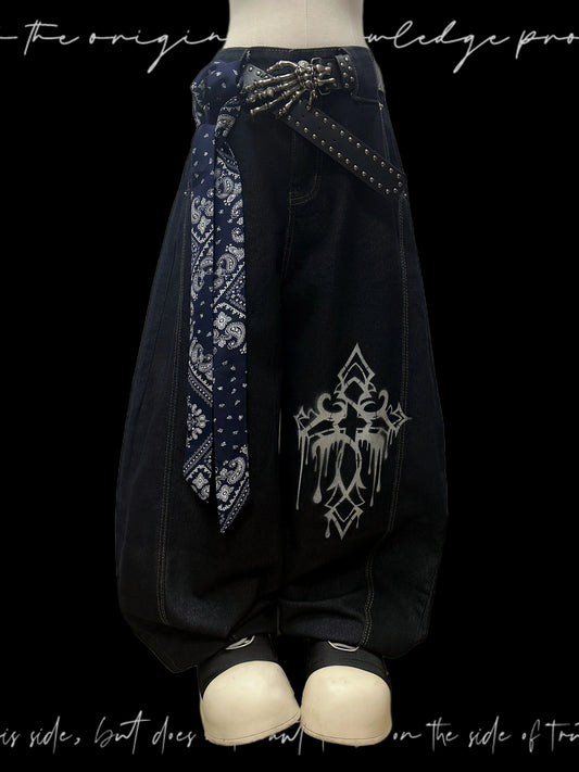 Ink Drop Thorn Scimitar Cross Wide Leg Denim Jeans & Skull Belt & Scarf WN20120