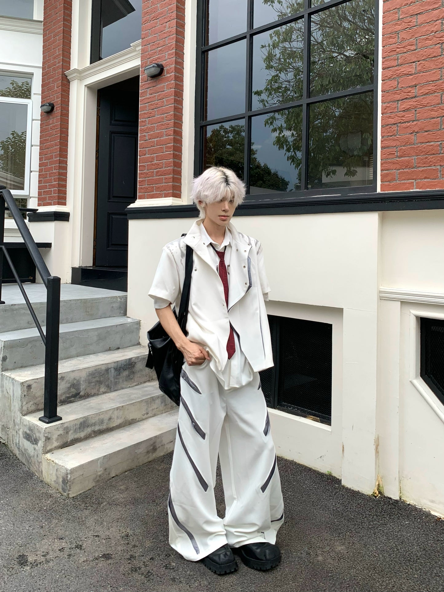 Paint Deconstructed Metal Short Sleeve Jacket & Paint Wide Leg Pants Setup WN19756