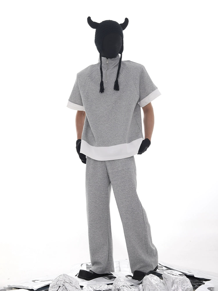 Half Zipper Stand Neck Shoulder-Pad Short Sleeve T-Shirt & Sweatpants Setup WN18620