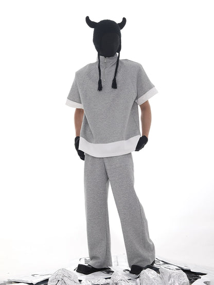 Half Zipper Stand Neck Shoulder-Pad Short Sleeve T-Shirt & Sweatpants Setup WN18620