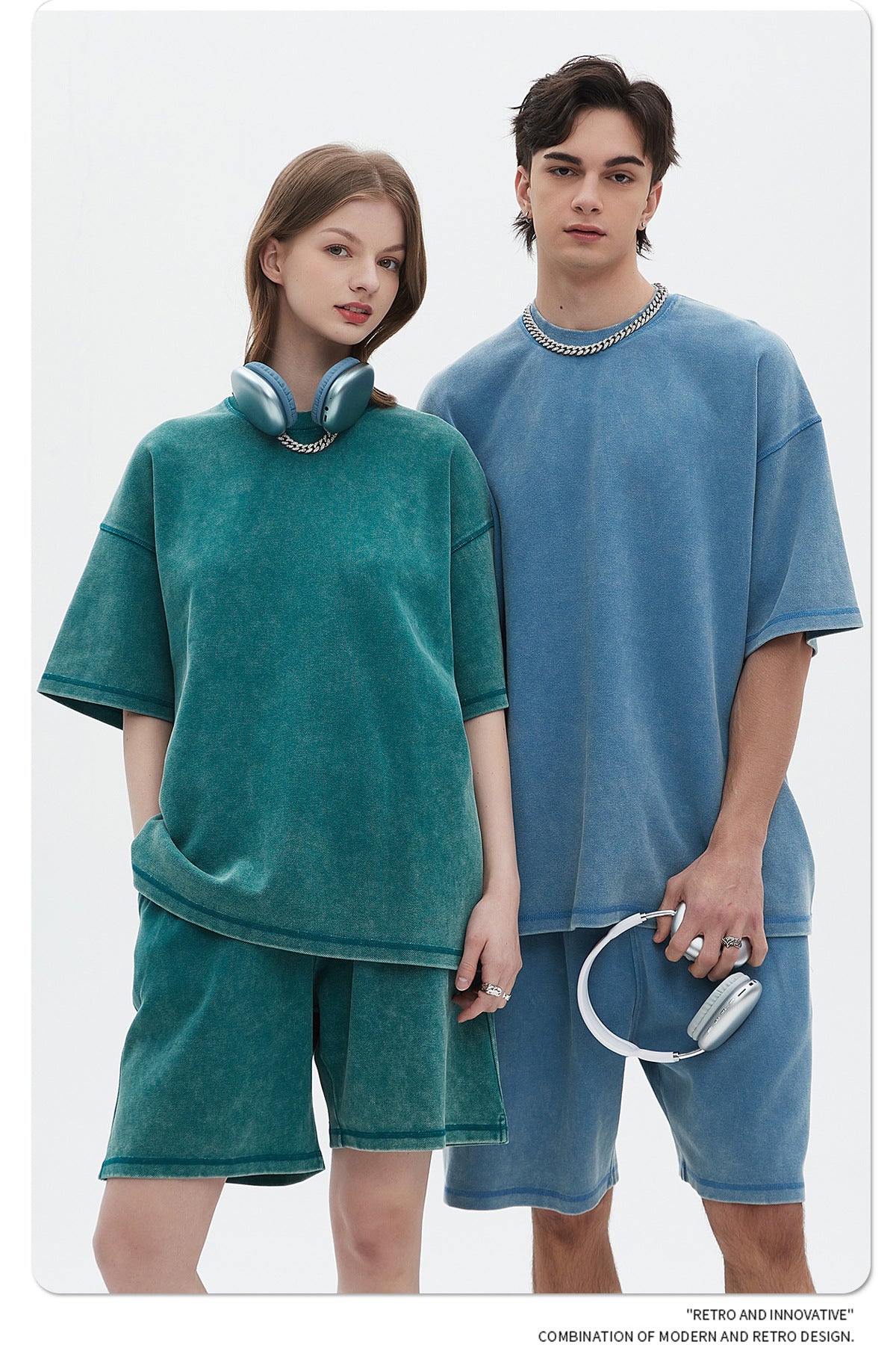 Oversize Washed Short-sleeve T-shirt & Washed Short Sweatpants Setup WN6612