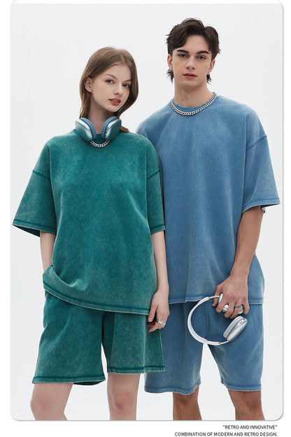 Oversize Washed Short-sleeve T-shirt & Washed Short Sweatpants Setup WN6612