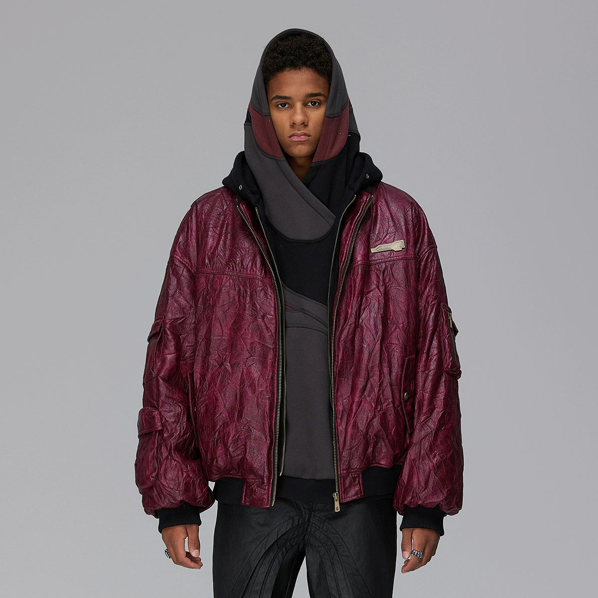 Fake Layered Wrinkle Texture Hooded PU Leather Puffer Jacket WN17882