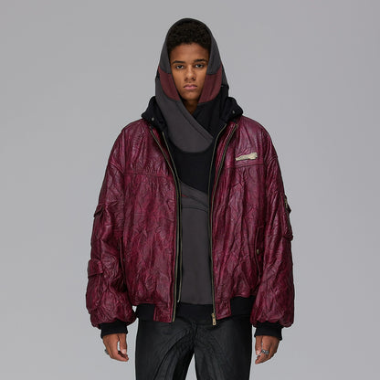 Fake Layered Wrinkle Texture Hooded PU Leather Puffer Jacket WN17882