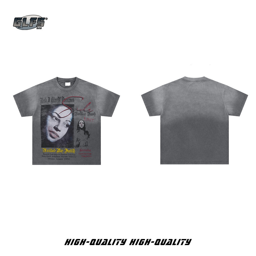 Washed Portrait Graphic Letter Print Short Sleeve T-Shirt WN26440