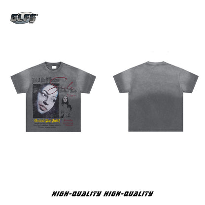 Washed Portrait Graphic Letter Print Short Sleeve T-Shirt WN26440