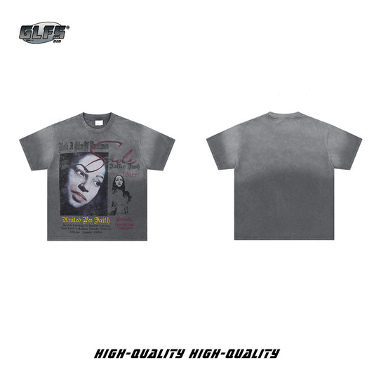 Washed Portrait Graphic Letter Print Short Sleeve T-Shirt WN26440