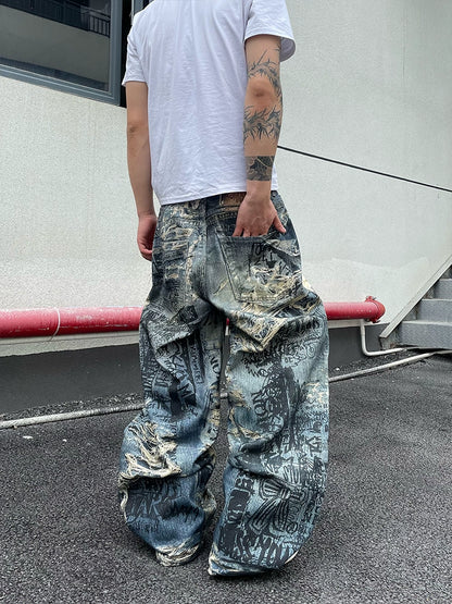 Graffiti Print Damage Denim Jeans WN18821