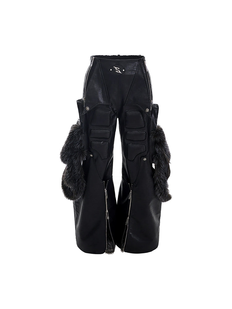 Fake Fur Patchwork PU Leather Wide-Leg Pants WN11681