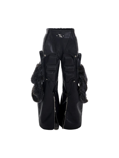 Fake Fur Patchwork PU Leather Wide-Leg Pants WN11681