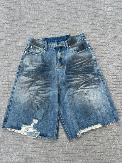 Damage Wash Wide Leg Denim Half Pants WN24078