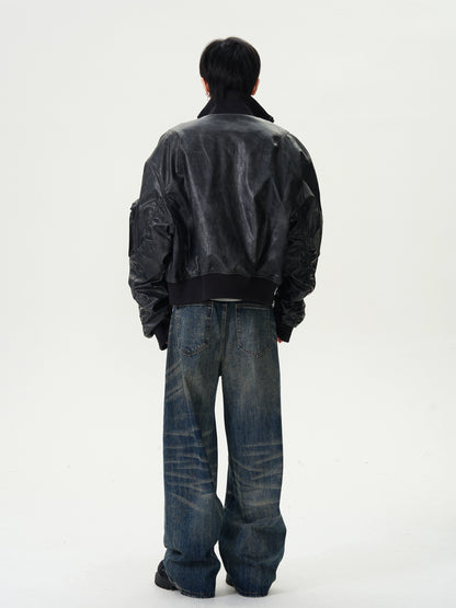 Standing-Collar PU Leather Puffer Jacket WN16380