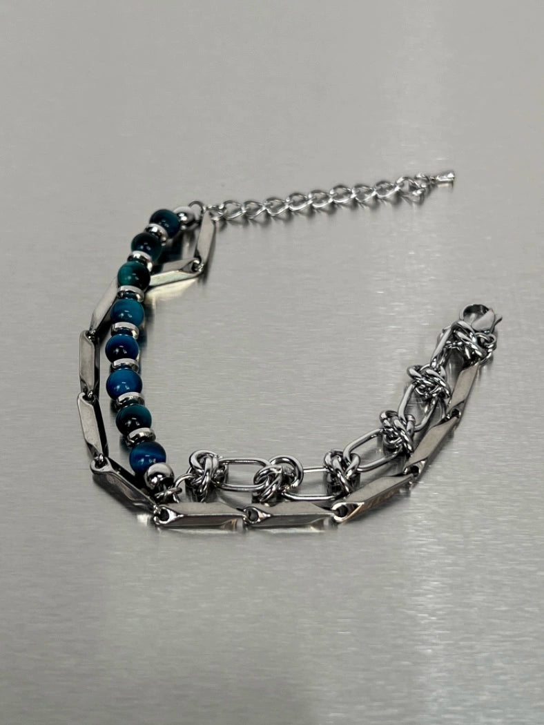 Double Layer Blue Tiger Eye Titanium Steel Bracelet WN19261