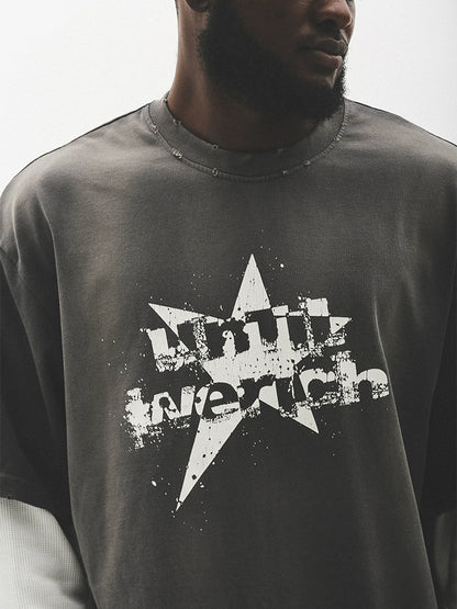 Fake Layered Damage Print Oversize Long Sleeve T-Shirt WN17789