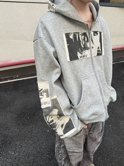 Patch Portrait Oversize Zipper Hoodie WN21157