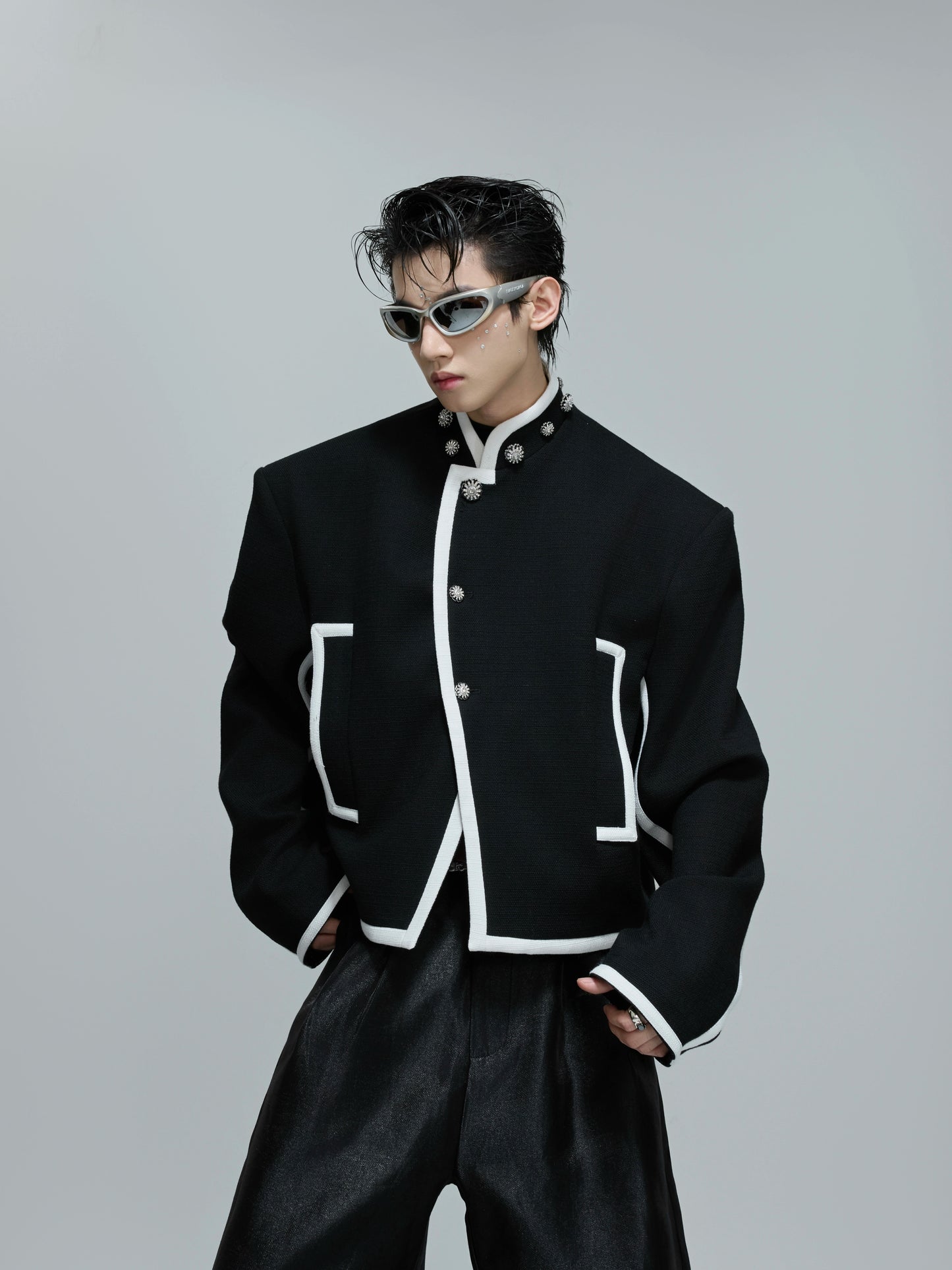 Standing-Collar Colorblock Shoulder-Pad Short Jacket WN21690