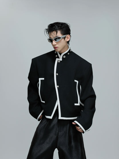 Standing-Collar Colorblock Shoulder-Pad Short Jacket WN21690