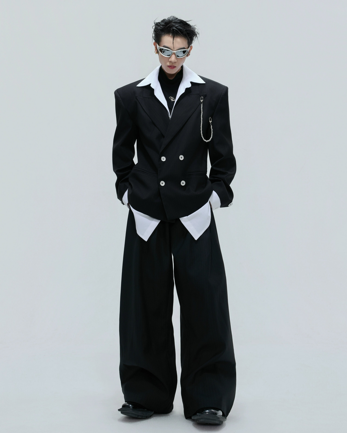 Pearl Chain Waist-Fitted Shoulder-Pad Double Layer Tailored Jacket & Trousers Setup WN21730