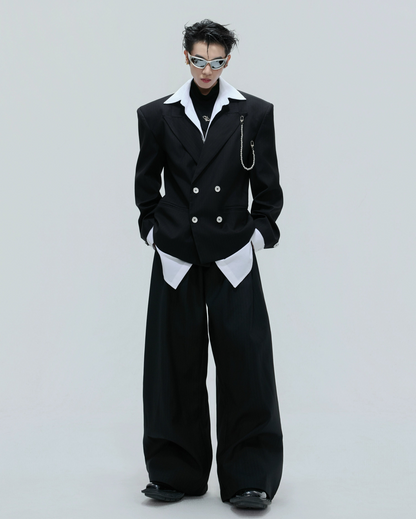 Pearl Chain Waist-Fitted Shoulder-Pad Double Layer Tailored Jacket & Trousers Setup WN21730