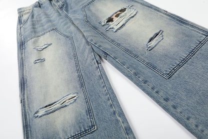 Washed Deconstruction Damage Wide Leg Denim Jeans WN25978