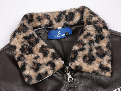 Badge Embroidery Detachable Leopard Collar PU Leather Jacket WN11189