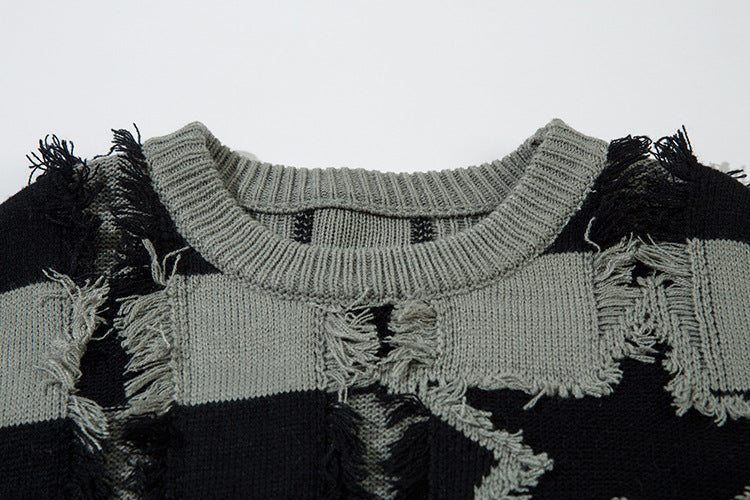 Damage Hem Colorblock Striped Knit Sweater WN11454