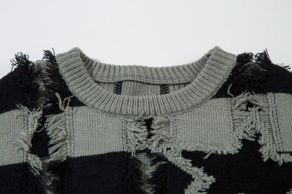 Damage Hem Colorblock Striped Knit Sweater WN11454