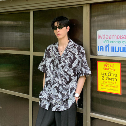 Leaf Print Open Collar Short Sleeve Shirt WN24882
