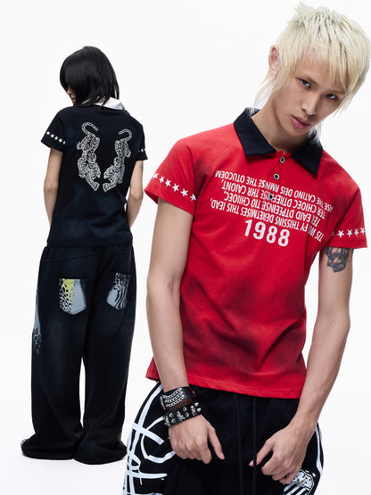 Polo Collar Washed Print Short Sleeve T-Shirt WN27283