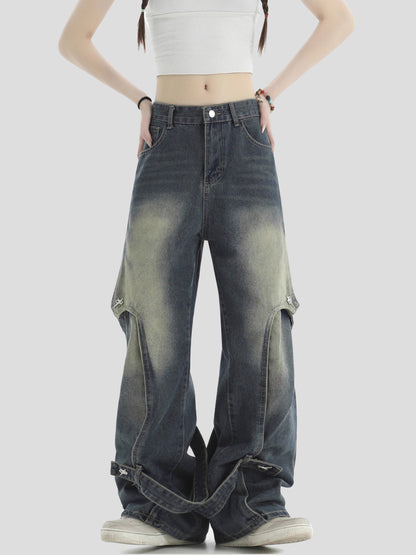 Splice Strap Wide-Leg Straight Denim Jeans WN7194