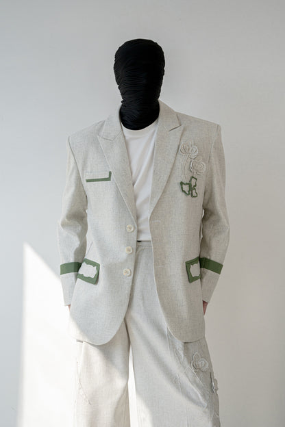 Linen Blend 3D Flower Tailored Jacket & Trousers Setup WN23838