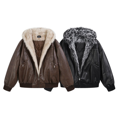 Hooded Fake Fur Lining Zip-Up PU Leather Jacket WN23081