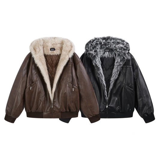 Hooded Fake Fur Lining Zip-Up PU Leather Jacket WN23081