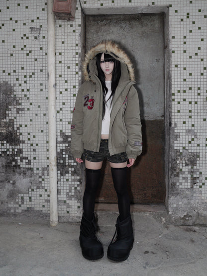 Patch Embroidery Fake Fur-Collar Hooded Jacket WN22188