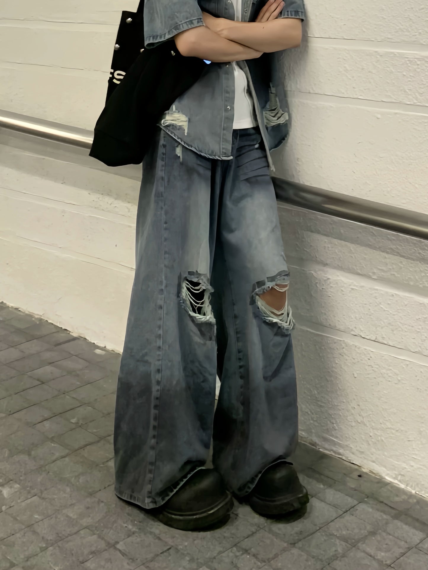 Washed Damage Deconstructed  Denim Jacket &  Damage Wide Leg Denim Jeans Setup WN19814