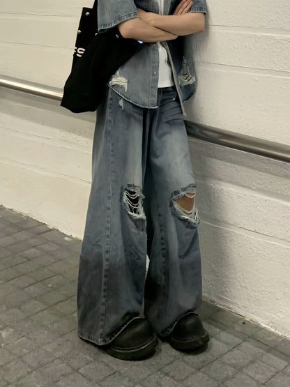 Washed Damage Deconstructed  Denim Jacket &  Damage Wide Leg Denim Jeans Setup WN19814