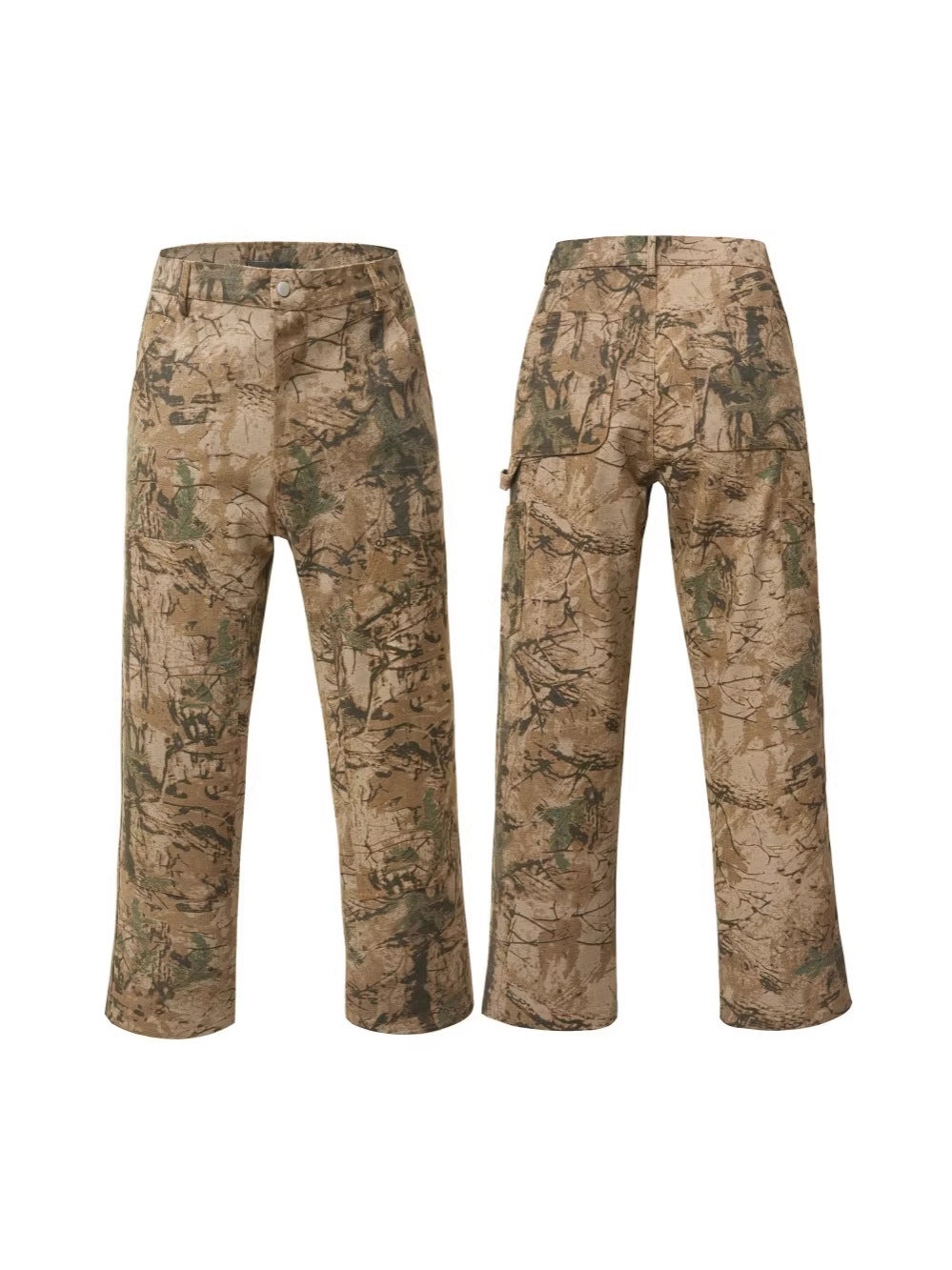 Camouflage Tree Print Cargo Pocket Wide Leg Denim Jeans WN28031