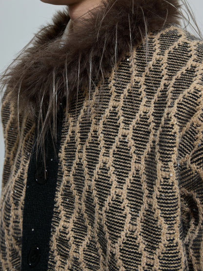 Fur Collar Sequin Textured Knit Cardigan WN21693