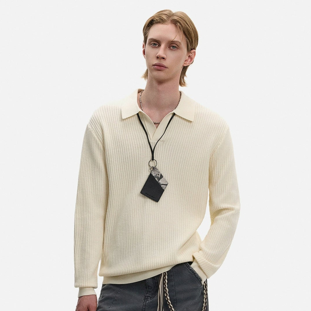 Hollow Texture Polo-Collar Knit Sweater WN21194