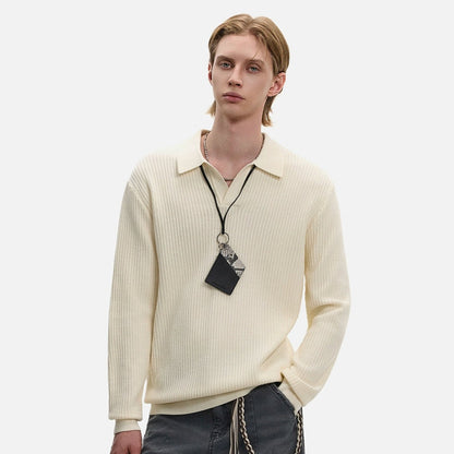 Hollow Texture Polo-Collar Knit Sweater WN21194