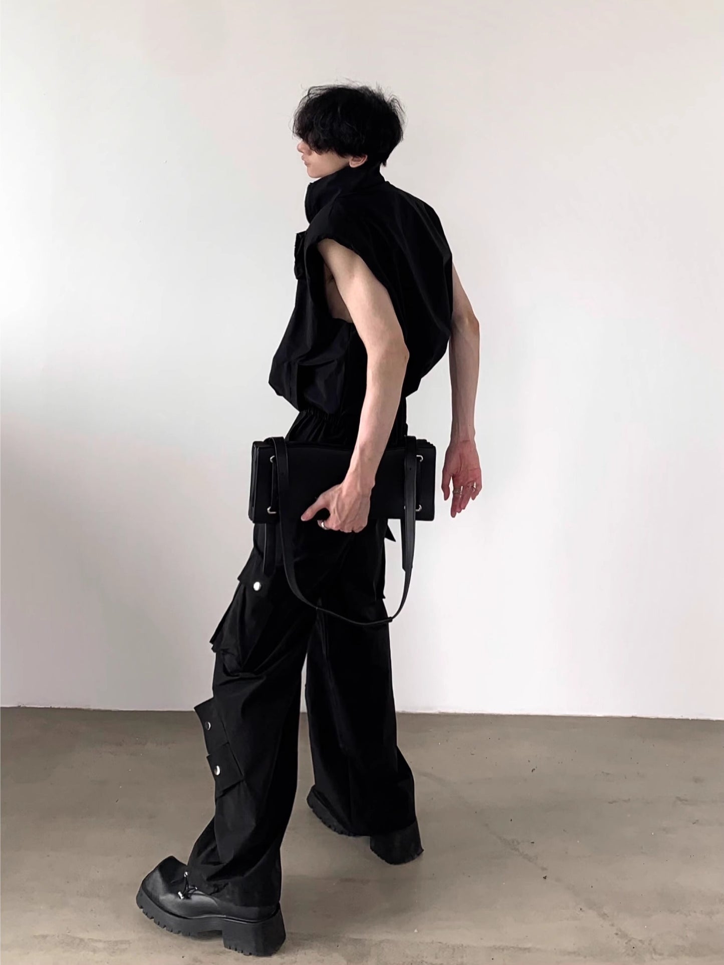Workwear Sleeveless Zipper Vest & Wide Leg Cargo Pants Setup WN7043