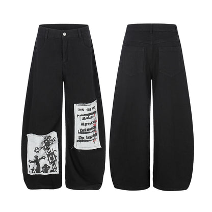 Applique Letter Print Wide Leg Denim Jeans WN25464