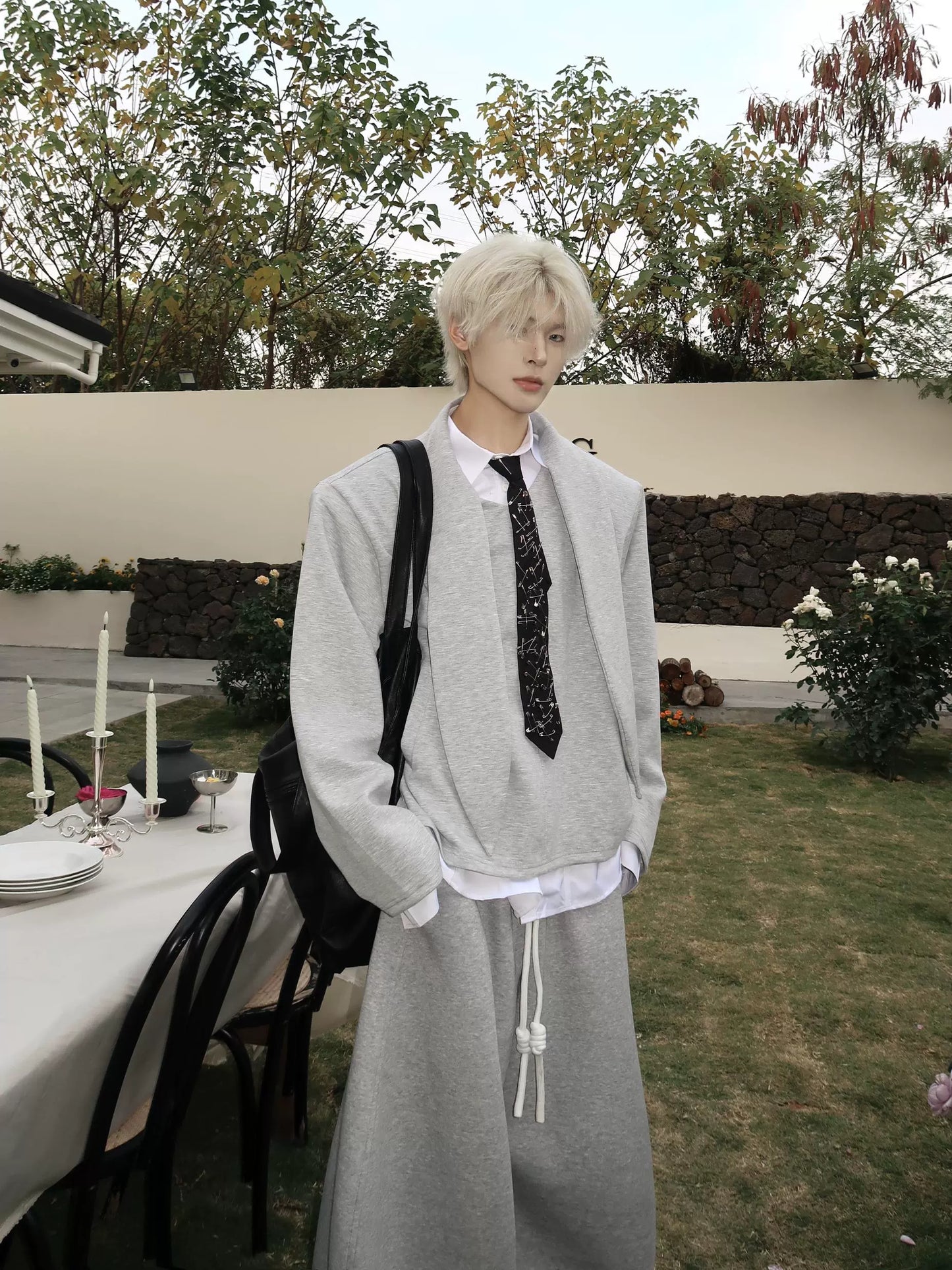 Double Collar Tie Shoulder-Pad Pullover Sweatshirt WN19920