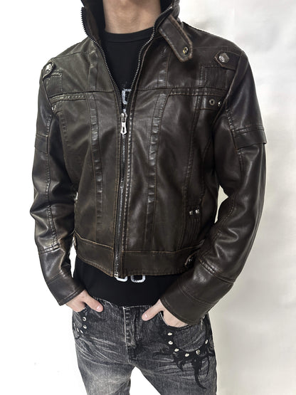 Washed Short PU Leather Zipprer Jacket WN15748