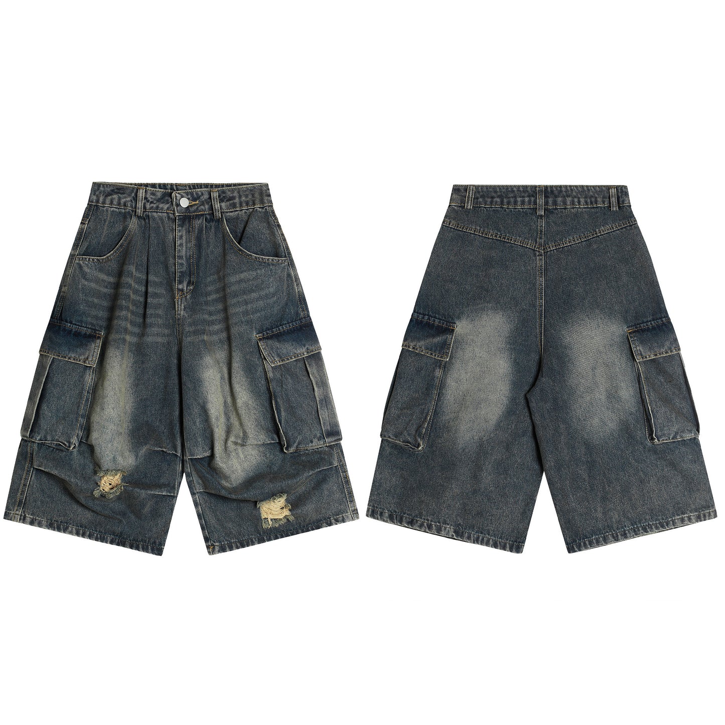 Washed Damage Cargo Pocket Denim Half Pants WN25699