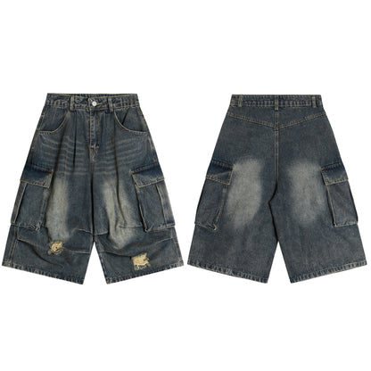 Washed Damage Cargo Pocket Denim Half Pants WN25699