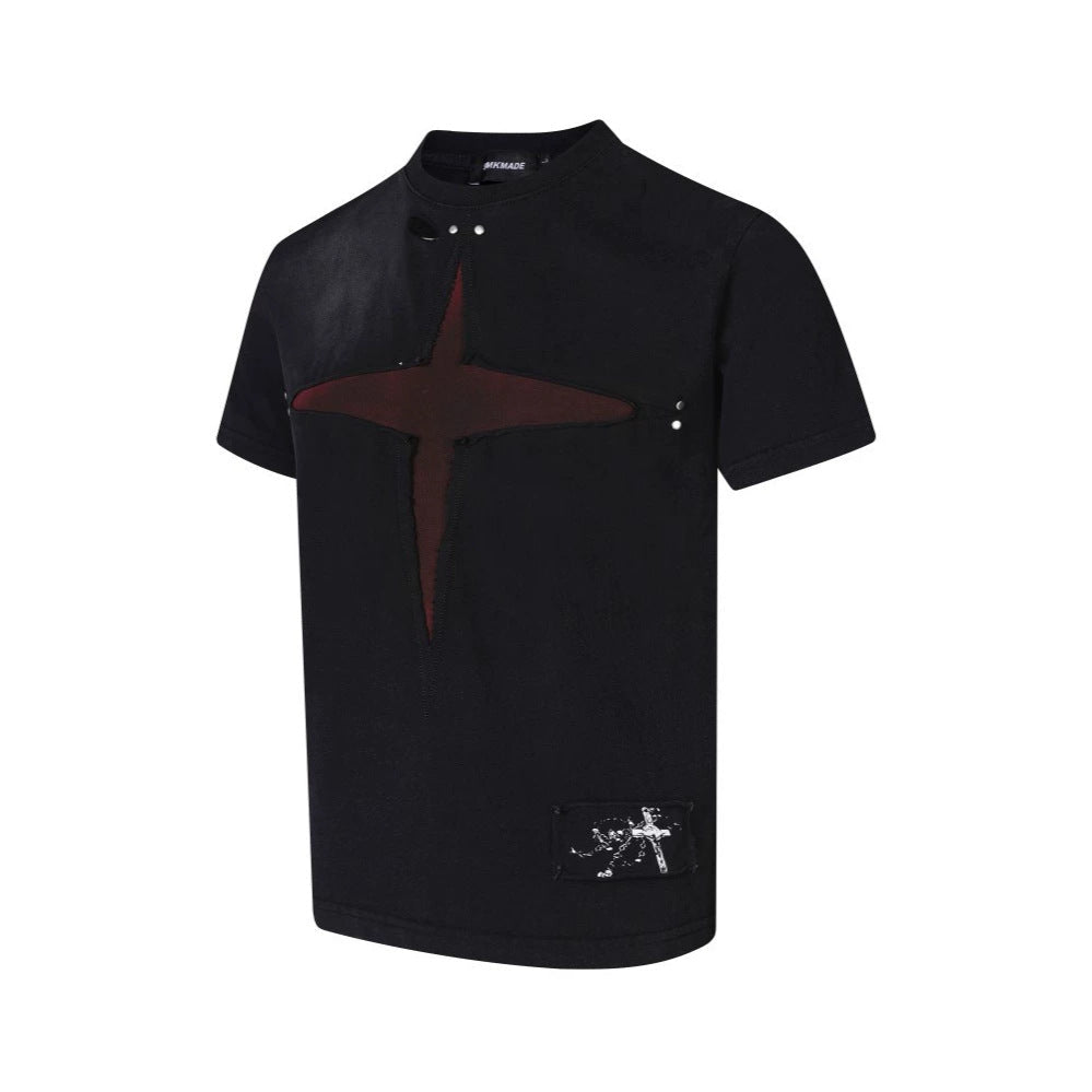 Patch Cross Studs Damage Washed Short Sleeve T-Shirt WN28118
