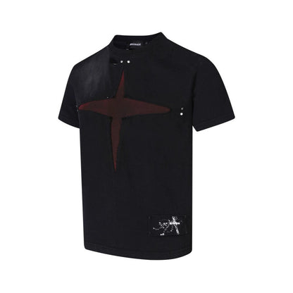 Patch Cross Studs Damage Washed Short Sleeve T-Shirt WN28118